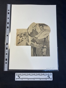 A newspaper clipping of a large black and white photo and a smaller inset photo