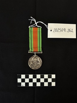 A photo of the reverse of the Defence Medal. It depicts a Royal Crown above a small oak tree growing on land surrounded by water, with two lions as supporters; around, '1939 1945'; in exergue, THE DEFENCE MEDAL; the artist's monogram HWP (H. Wilson Parker) among the roots of the tree. The edge is Engraved: 'VFC53656 J.G.GIBSON'. The ribbon is ribbed.