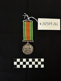A photo of the reverse of the Defence Medal. It depicts a Royal Crown above a small oak tree growing on land surrounded by water, with two lions as supporters; around, '1939 1945'; in exergue, THE DEFENCE MEDAL; the artist's monogram HWP (H. Wilson Parker) among the roots of the tree. The edge is Engraved: 'VFC53656 J.G.GIBSON'. The ribbon is ribbed.