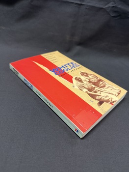 A paperback book with a blue spine, red and tan cover with a sepia photograph of two women in nurses uniforms.  Writing on cover and spine is in black, blue and white.