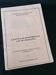 Paper booklet with two staples. The cover is pink paper with white pages inside. There is a black straight border around the edge and details of the service are printed in black ink.