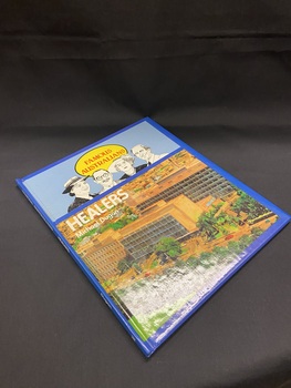 Hardcover book with a dark blue border and spine. There are two panels on the cover, a rectangle across the top third and a square box filling in the remaining cover. The top box has an illustration of four heads (two ladies wearing hats and two men), above them is a yellow bubble with 'famous Australians' printed in red. The lower box has a photo image of a hospital with the title and author printed in white in the top left corner.