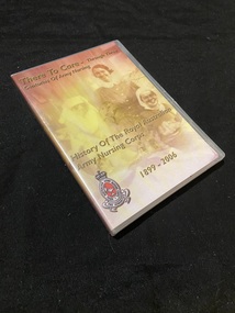 Plastic dvd case with a paper cover insert. The cover is faded sepia coloured with yellow streaks through it due to printing. The title is printed across the top and on the spine. There is a faded photographic image of three nurses and a soldier. The sub-title is printed just below the centre and below that the years 1899-2006. In the lower left corner is the emblem for the Royal Australian Army Nursing Corps.