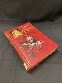 Cloth bound, dark red, hardcover book. Along the spine is an image pf a single flower, above which is a gold square template with "Florence Nightingale' printed in red. At the base of the spine is a sticker, attached with a piece of tape and the number B54 is handwritten in red texta ink. The cover shows a hand drawn image of a nurse attending a patient by candlelight with the author's name printed beneath in black ink. The title is in gold print in the top right corner, and in the left corner is a gold image of Florence Nightingale.