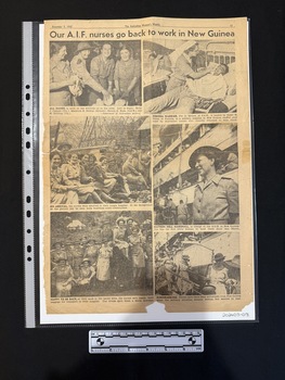 Large newspaper page with six large black and white photos with captions underneath.