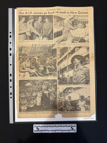 Large newspaper page with six large black and white photos with captions underneath.