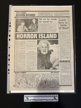 Large folded newspaper page, folded to show a page featuring a large title above the main story, two black and white photos and several shorter stories with titles