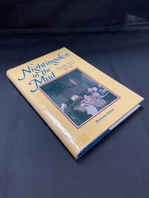 Blue hardcover book with a yellow dustjacket. The title is printed down the spine in blue text. The front cover shows an image of an oil painting of nurses tending the beds of the wounded, it is surrounded by a dark red border. Above the image the title is printed in blue, with 1914-1918 printed in smaller red print.