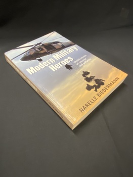 Light brown spine with white printed title across it. The front cover shows a helicopter in the grey sky with seven soldiers being lowered to the ground, the title is printed across the middle and the author's name appears at the bottom of the image.