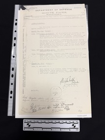 Foolscap copy of a Defence department Minute Paper report with information on the source along the left hand edge.