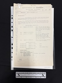Foolscap copy of a multi-page Department of the Army Minute report with information on the source along the left hand edge.  Document held together with white archival paperclip.