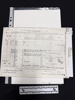Two copies of same document from different eras, table of names and criteria related to medal entitlement.  The copies held together with a white archival paperclip.
