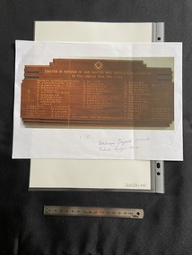 Print out of a colour photograph of an honour board made of wood with gilt lettering listing nurses who served in WWI