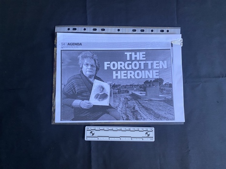 Five photocopied pages of a newspaper story and three related documents