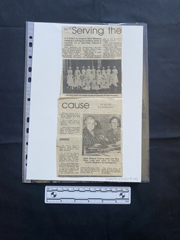 Two newspaper clippings, both with three columns of text and a black and white photo each