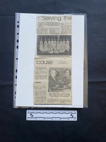 Two newspaper clippings, both with three columns of text and a black and white photo each
