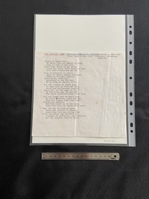An A4 sheet of paper that has been cut down to a smaller size. The front contains the typed words of the hymn in black ink, the title in underlined in red pen ink. 