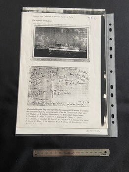 Black and white photocopied page from a book. The page is titled 'The defence of Malaya' across the top. There is an image of the front of a postcard showing a ship sailing close to land with '2/1 AUST. HOSPITAL SHIP, MANUNDA, AIF, Painting by John Allcot' printed across the bottom of the card. 
Underneath is an image of the reverse side of the postcard covered in signatures.
At the bottom of the page are the names of all the signatues typed out.