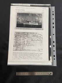 Black and white photocopied page from a book. The page is titled 'The defence of Malaya' across the top. There is an image of the front of a postcard showing a ship sailing close to land with '2/1 AUST. HOSPITAL SHIP, MANUNDA, AIF, Painting by John Allcot' printed across the bottom of the card. 
Underneath is an image of the reverse side of the postcard covered in signatures.
At the bottom of the page are the names of all the signatues typed out.
