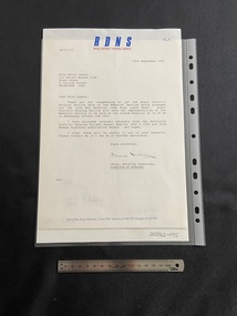 Typed letter on A4 paper. The typing is in black ink. There is a header at the top of the page with the letters RDNS printed in blue ink and beneath that 'ROYAL DISTRICT NURSING SERVICE' in red ink. At the bottom of the page are the contact details for the RDNS printed in blue ink.