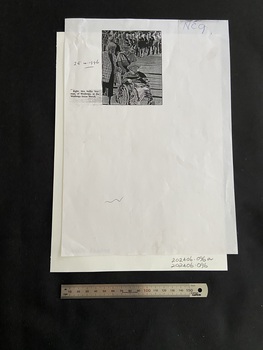 Photocopied page of a picture clipped from a newspaper that is 7.5 x 9cm. It shows a lady in a wheelchair being escorted in the ANZAC Day March.