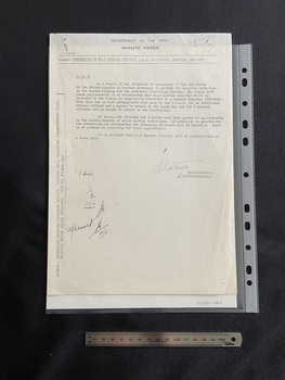 A4 sized photocopy of a typed document headed Department of the Army minute paper. It contains a subject line and three paragraphs of text and is signed by the Major-General. There is source information typed across the left hand edge of the page.
