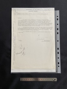 A4 sized photocopy of a typed document headed Department of the Army minute paper. It contains a subject line and three paragraphs of text and is signed by the Major-General. There is source information typed across the left hand edge of the page.
