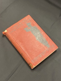Small hardcover book with a dark red dustjacket. The spine is torn at the top and bottom and there is an old tape mark on the bottom of the spine. The front has a black silouette of a soldier playing a bugle along the right side edge, beneath him is a solid black line with the author's name printed below across the bottom of the cover. The title is printed in black ink across the top. 
The title and author are also printed in black text on the top part of the spine, further down it reads '3/6 net'  and 'Herbert Joseph'.