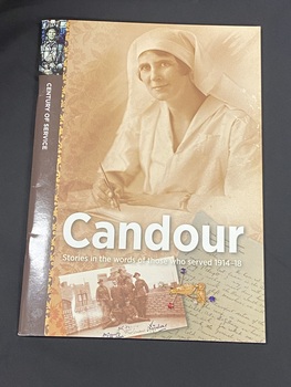 Staple-bound paperback book with a brown strip along the left side with an image of a soldier in stained glass at the top and 'century of service' printed sideways beneath it. The cover is a sepia toned portrait of an Army nurse with images of a letter, brooch and postcard at the bottom of the page. The title is printed in large white text just above the bottom images.