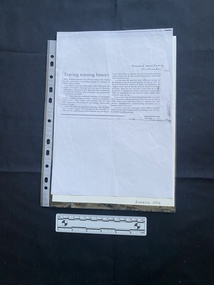 A photocopy of a small newspaper clipping consisting of a title and two columns of text
