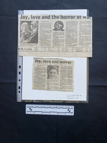 Two newspaper clippings, one story continued over two pages. The larger clipping has a large title with four columns of text and two embedded black and white images. The smaller clipping has a title above three columns of text with a centred, embedded black and white image.