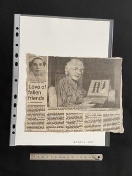Article roughly cut from a newspaer. There is a portrait photograph of a young nurse in the top left corner. The title is below this image, followed by a column of text. There are four more columns of text across the bottom and above them a large rectangle photograph of an older lady looking through a photo album.