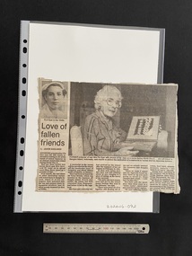 Article roughly cut from a newspaer. There is a portrait photograph of a young nurse in the top left corner. The title is below this image, followed by a column of text. There are four more columns of text across the bottom and above them a large rectangle photograph of an older lady looking through a photo album.