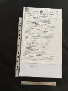 Australlian Military Forces is printed across the top with their emblem in the centre. Below in bold text is 'Australian Imperial Force'. The form covers the rest of the page asking for personal details such as name and unit, follwed by a series of questions, all of which is typed. The answers and signatures are all handwritten.