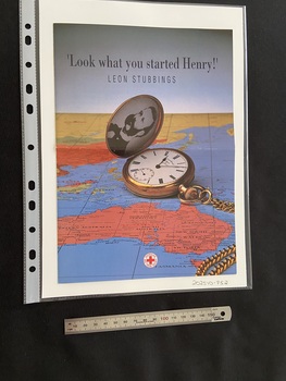 Bluish grey bi-fold pamphlet with a map of the world, predominantly showing Australia, on the front and the title printed across the top of the page in black print. There is an open gold pocket watch on the map with a black and white photo of a gentleman displayed inside.