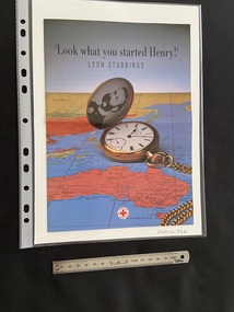 Bluish grey bi-fold pamphlet with a map of the world, predominantly showing Australia, on the front and the title printed across the top of the page in black print. There is an open gold pocket watch on the map with a black and white photo of a gentleman displayed inside.