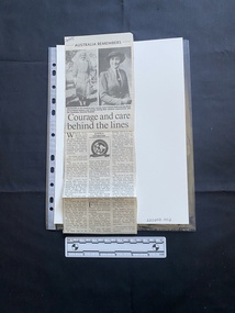 A newspaper clipping with three columns of text and a title underneath two black and white photos

