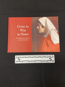Booklet with red cover and spine, white writing and the image of a painting of a nurse in uniform on the right hand side of the cover.