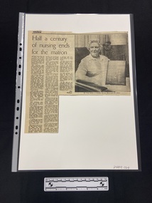 Newspaper - Newspaper clipping, Jan Hallam, Half a century of nursing ends for the matron