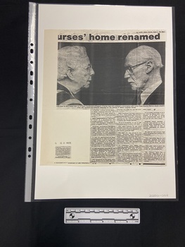 Photocopy of a newspaper clipping featuring a large image of the sides of man and womans face who are looking toward each other. There are three columns of text below the image.