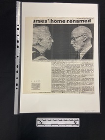 Photocopy of a newspaper clipping featuring a large image of the sides of man and womans face who are looking toward each other. There are three columns of text below the image.