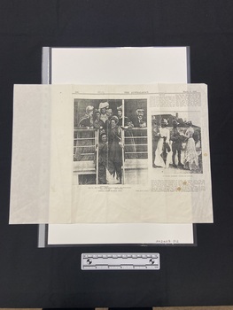 Photocopy of a newspaper article. The article is in the top right corner and there is some white space on the left hand side and below. The article consists of a large photo of a group of women and a Captain boarding a ship. To the right of the image is a smaller photo of two men and two women at Victoria Barracks, above and below this picture are two small columns of text.