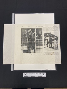 Photocopy of a newspaper article. The article is in the top right corner and there is some white space on the left hand side and below. The article consists of a large photo of a group of women and a Captain boarding a ship. To the right of the image is a smaller photo of two men and two women at Victoria Barracks, above and below this picture are two small columns of text.