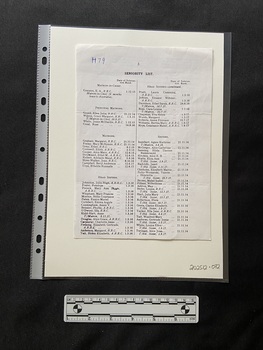 Typed page containing two columns of names and dates with a line running down between the columns.