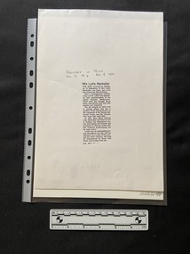 Photocopy of a newspaper clipping that contains a column of printed type with a bold print heading and five short paragraphs, there are handwritten publication details above the printed article.