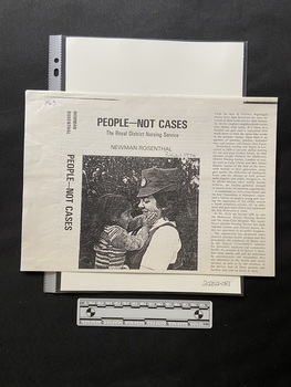 Black print on white paper, landscape orientation. There is a large square black and white image of a nurse holding a child and they are both smiling, the young girl is touching the nurses face.
To the left of the image the title and author are printed sideways, Above the image is the titla and author in bold type. On the right side of the page is a column of text containing five paragraphs.