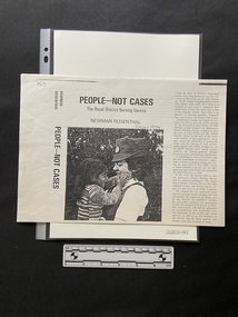 Black print on white paper, landscape orientation. There is a large square black and white image of a nurse holding a child and they are both smiling, the young girl is touching the nurses face.
To the left of the image the title and author are printed sideways, Above the image is the titla and author in bold type. On the right side of the page is a column of text containing five paragraphs.