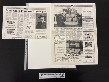 Two pages of photocopies of black and white newspaper pages. The first page is a copy of half a page. The second page is a copy of a full page printed on two sheets of paper taped together.
Publication details printed across the top of both pages. 
The half page contains five columns of text and on the right is a portrait of Matron Paschke, to the left of the image is another image of the first page of a memorial book in her honour. (The page also contains unrelated advertisements).
The second page continues the story with five columns of text in the middle of the page, above and below the text are photographs from the unveiling ceremony of the memorial sundial built in her honour. (Below and around the article are seven unrelated advertisements.)