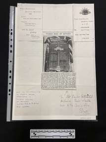 Document - Photocopy showing newspaper clipping, two WWI Christmas cards & two handwritten notes, Article: 'Nurses' roll of honour', [circa 1980's], article [pre 1973]