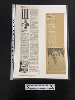 Newspaper clipping on a backing card with one column of text and a photo portrait of Matron Langham below.
Photocopy of a second newspaper article consisting of two long columns of text. At the top of the left column is an image of a medal with a striped ribbon and a cross with the image of a nurse on it. At the bottom of the first column is a photo of Jess Langham in her later years.